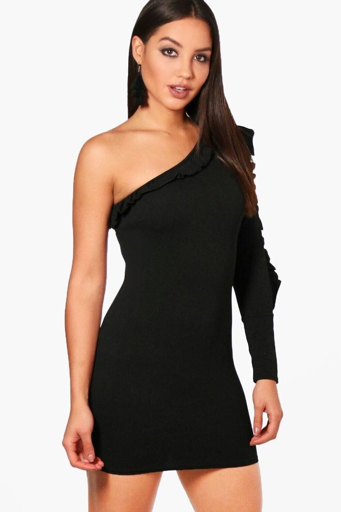 NWOT Size 12 Black One Shoulder Ruffle Bodycon Dress - Picture 2 of 10